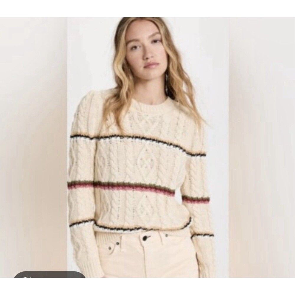 Veronica Beard Bruna Cream Cable Knit Sweater Size Large Stripe